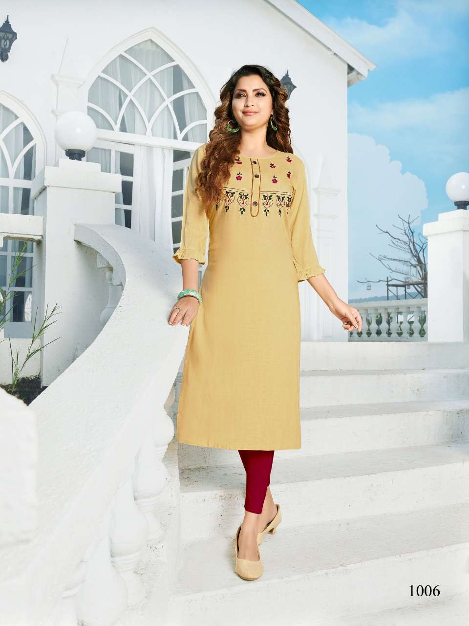 FASHION WORLD BY FIESTA 1001 TO 1008 SERIES BEAUTIFUL STYLISH FANCY COLORFUL CASUAL WEAR & ETHNIC WEAR RAYON SLUB PRINT KURTIS AT WHOLESALE PRICE